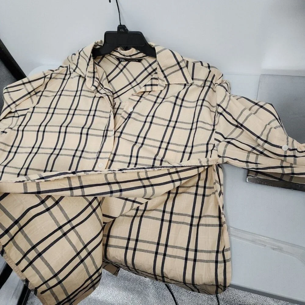 Zara Plaid Size Medium Tie Back Shirt Top Blouse Button Front Tan Gray womens - Picture 8 of 12
